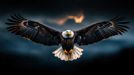 Naklejka premium majestic bald eagle with fully outstretched wings soars gracefully through sky, showcasing its powerful presence and keen gaze. dramatic backdrop enhances its beauty and strength