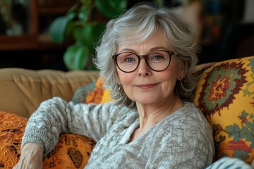 a beautiful elderly woman wearing glasses while she is relaxing on a sofa