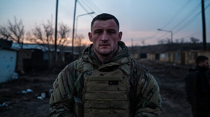Soldier standing proudly in military gear at sunset background  