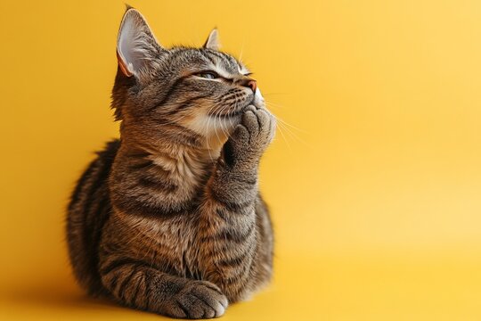 contemplative cat with paw near chin. A striped tabby cat sits pensively against a yellow background, looking up thoughtfully