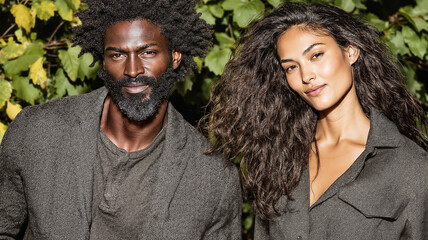 Stylish couple posing confidently against a green foliage background  