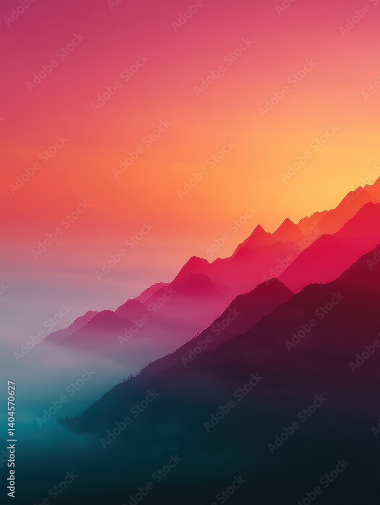 Poster gradient horizons ethereal mountain landscape with vibrant sunset overlay - minimalist digital art e