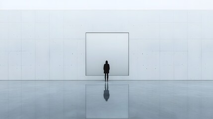 A person reflecting in front of a large mirror in a minimalist room