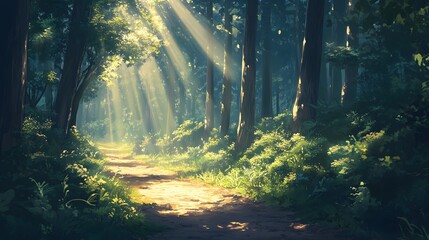 A peaceful forest trail with sunlight breaking through the trees