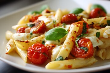 close-up of penne pasta with cherry tomatoes and melted mozzararella