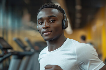 Fototapeta premium A man enjoying workout by wearing headphones in a modern gym, focused and looking towards the camera. The gym setting suggests dedication to fitness.