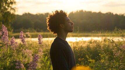 A person standing still with eyes closed surrounded by nature in a reflective pose