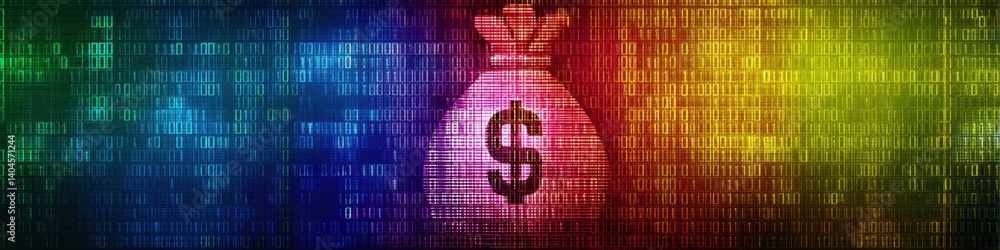 Aufkleber Digital Currency Revolution Algorithmic Wealth Management in Neon Cyberpunk Landscape - Blockchain Fintech Visualization with Secure Money Bag Symbolizing Next-Gen Financial Innovation