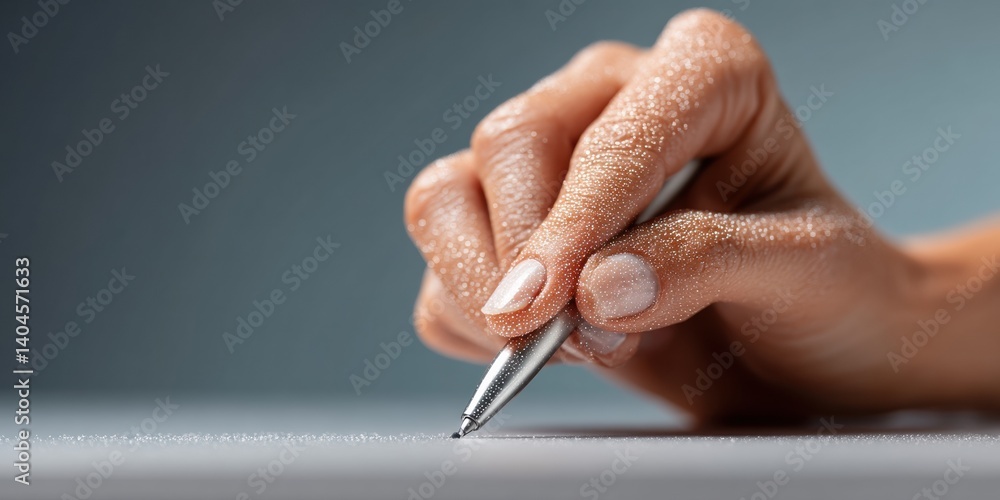 Poster Data-Driven Decision Making Minimalist Professional Survey Interaction with Sleek Metal Pen and Ergonomic Hand Positioning - Enterprise Feedback Analytics