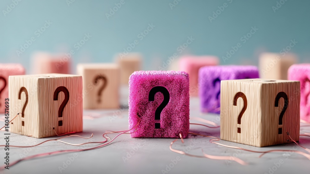 Fototapete AI-Powered Problem Solving Interactive Wooden Question Mark Blocks Visualizing Network Connections, Digital Innovation, and Curiosity-Driven Exploration in Modern Business Intelligence