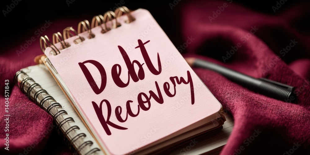 Poster minimalist debt recovery workflow elegant financial recovery notebook on burgundy textile - digital 