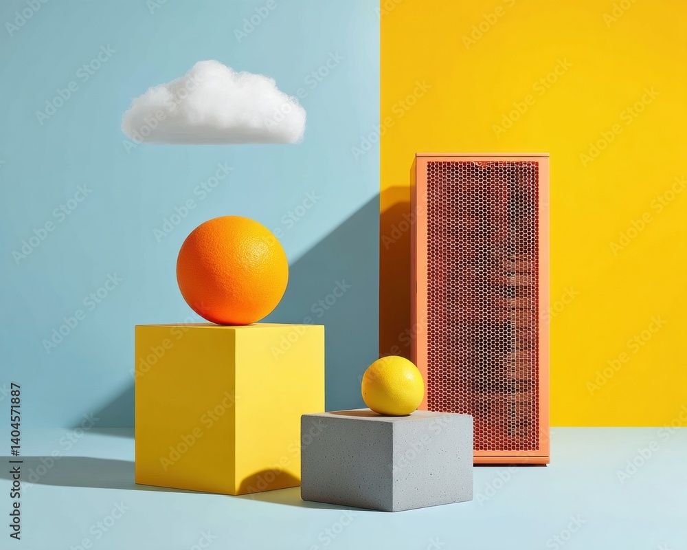 Poster Minimalist Tech-Inspired Geometric Composition Bold Color Block Design with Spheres, Cloud Symbolism, and Contemporary Spatial Visualization