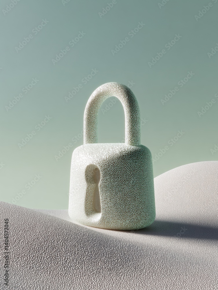 Poster Minimalist Cybersecurity Concept Soft-Textured Digital Lock Symbolizing Advanced Data Protection and Modern Tech Resilience in Muted Sage Palette