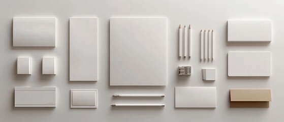 Flat lay of neutral stationery, including papers, envelopes, pencils, and sharpener