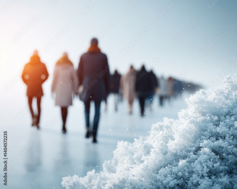 Poster minimalist winter journey ethereal urban mobility showcasing collective movement through frosty land