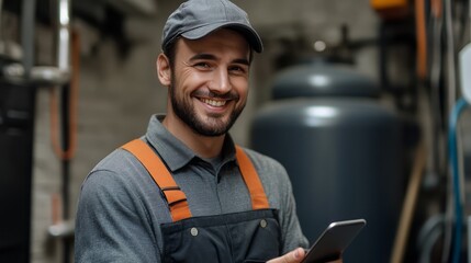 Smiling worker in uniform uses tablet in industrial setting