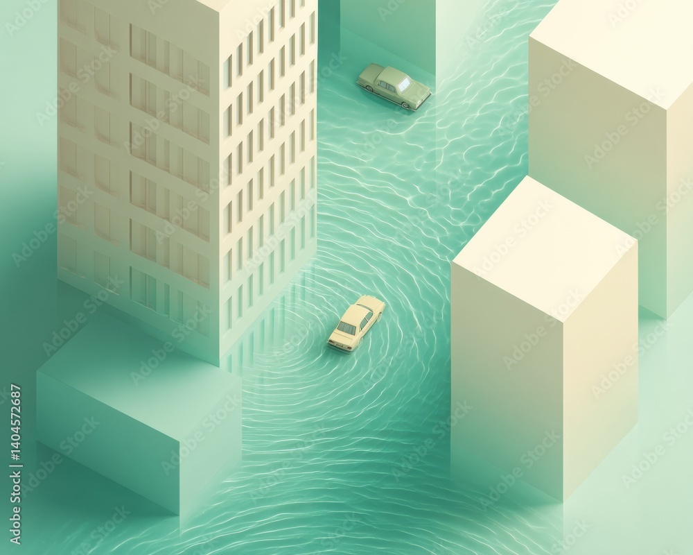 Aufkleber Climate Resilience Visualization Isometric Urban Flooding Scenario Depicting Adaptive Infrastructure Challenges in Minimalist Architectural