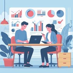 Flat-style vector of two people typing and writing in a calm productivity workspace. Minimalist and easy to trace design.