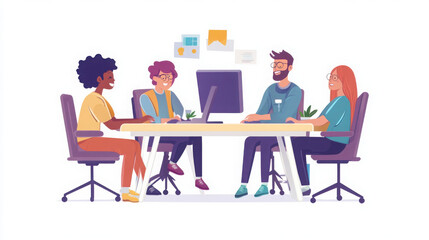 Happy team members collaborating on technology solutions, sitting around a computer in a clean white-background office