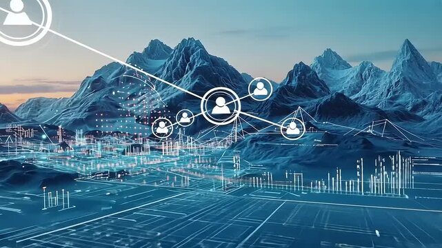 Futuristic digital landscape depicting data connections over a mountain range at sunset