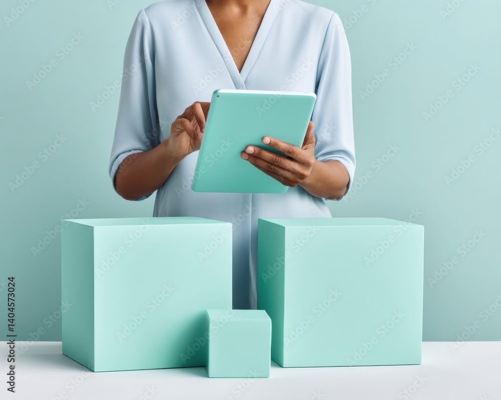 Poster minimalist digital workflow professional woman navigating sleek tablet interface with geometric mint