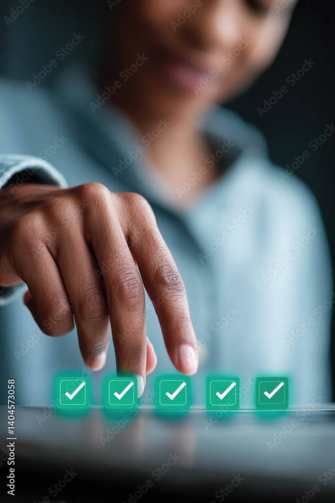 Poster Digital Compliance Revolution Minimalist Professional Verifying Quality Control Standards with Interactive Virtual Certification Checkmarks in Modern Workplace