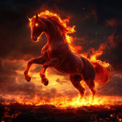 powerful majestic red horse rearing up amidst flames, embodying strength and intensity. fiery backdrop enhances its fierce presence, creating dramatic and captivating scene