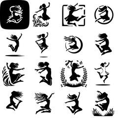 sports icons set of girl jumping vector illustration on white background 