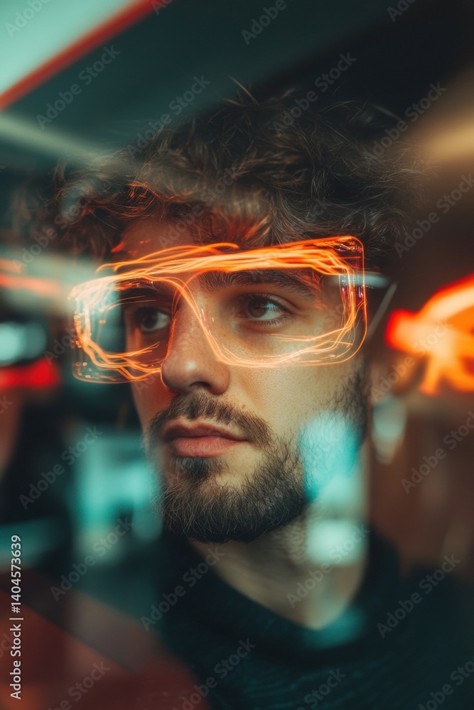 Poster Augmented Reality Vision Millennial Tech Professional Exploring Immersive Digital Interfaces with Cutting-Edge Holographic Eyewear in Futuristic Workspace Environment