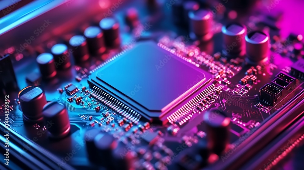 Poster lit microchip colorful circuit board with integrated components and semiconductors