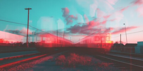 Cinematic Urban Transit Dystopia Retro-Futuristic Train Landscape with Neon Chromatic Aberration - Digital Art Meets Transportation Aesthetic Innovation