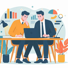 Flat-style vector of two people typing and writing in a calm productivity workspace. Minimalist and easy to trace design.
