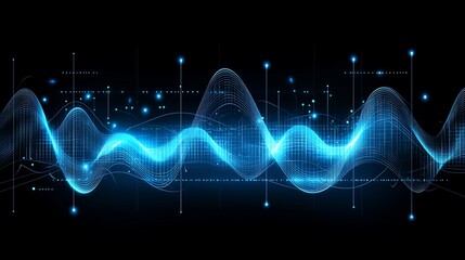 Abstract data waves. Dynamic, glowing blue lines on dark background