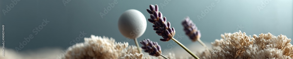 Poster ethereal botanical minimalism soft lavender and textural dried florals capturing sensory wellness in