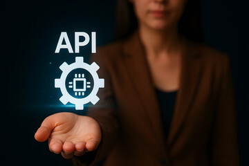 API concept visualization in hand, glowing microchip gear icon display, software integration technology, connectivity data exchange, developer interface business abstraction, modern digital service in