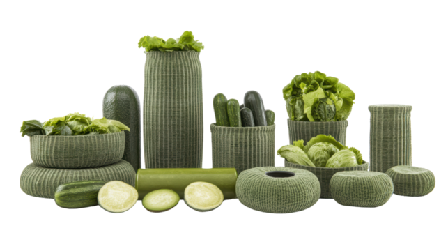 Unique decorative arrangements of green vegetables including cucumbers and lettuce in various textured containers