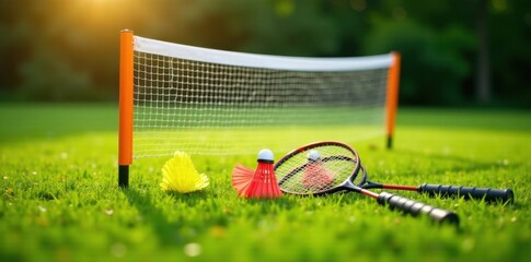 Portable badminton net set with rackets, shuttlecocks on grassy field, holiday, fitness