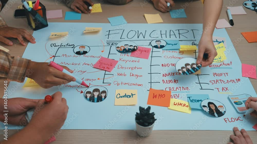 Aufkleber a vibrant teamwork session showcasing individuals creating a detailed flow chart using colorful stic