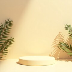 Obraz premium Minimalist beige podium palm leaves sunlight