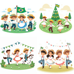 vector of children dancing quadrille on a simple grass field