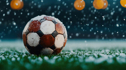 Fototapeta premium soccer ball rests on snowy field, surrounded by falling snowflakes and soft glowing lights in background, creating serene winter atmosphere