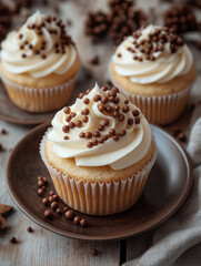 Cupcakes with cream frosting and chocolate pearls