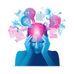 person experiencing headache is depicted with colorful thought bubbles and symbols representing confusion and stress. illustration conveys sense of overwhelm and mental strain