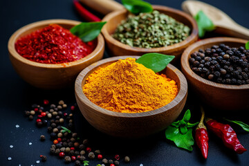Colorful spices in wooden bowls on dark background