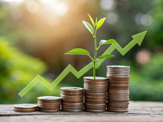 growing plant on stacked coins symbolizes smart money management and financial growth success