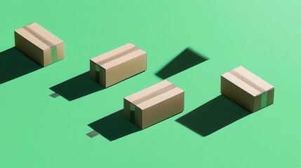Four cardboard boxes on a green surface