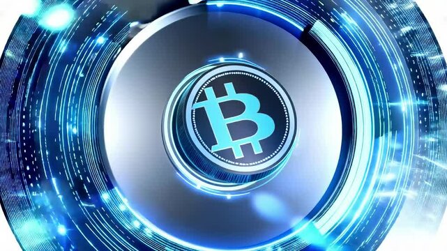 Bitcoin Visualizing cryptocurrency and tech&mdash; the bitcoin logo rotates smoothly as charts and blockchain lines orbit around, all on a clean white canvas 