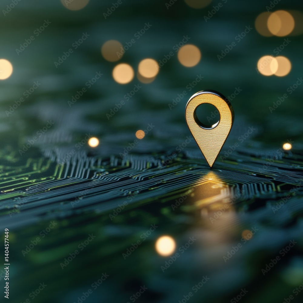 Poster Next-Gen Digital Navigation Sleek Metallic GPS Pin on Illuminated Circuit Board - AI-Powered Geospatial Innovation for Tech-Forward Strategic Mapping