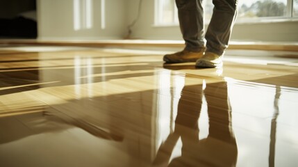 Flooring specialist installing polished hardwood planks in luxury home. Featuring precision and craftsmanship