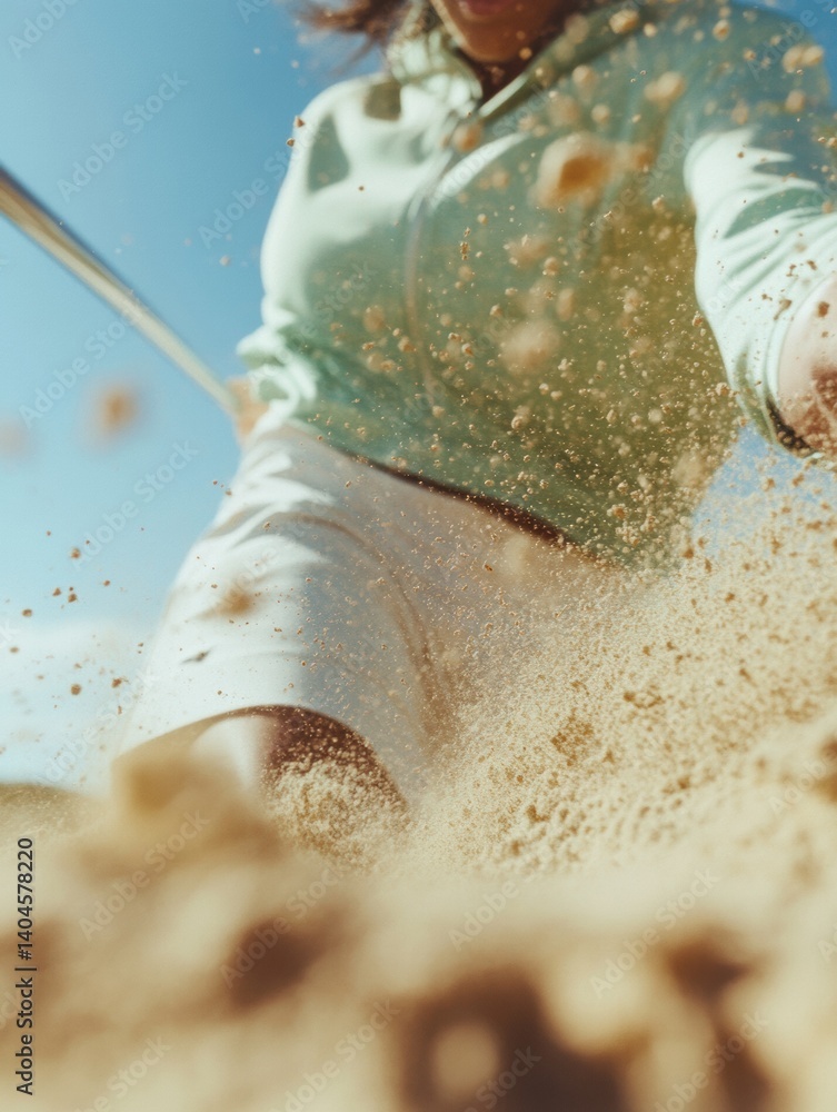 Poster dynamic female athletic performance empowered golfer conquering sand trap with precision technique -
